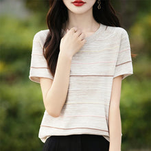 Load image into Gallery viewer, Women's T-shirts Summer New 100% Cotton Short Sleeve Casual Striped Knit Blouse Round Neck Tops Loose Pullover Tees
