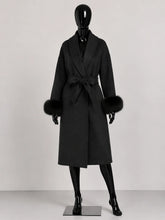Load image into Gallery viewer, Women's Wool Coat with Fur Cuffs Minimalist Soft Wool High Fashion Belted Winter Fur Trim Coat Old Money Style Natural Fur Coat
