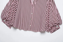 Load image into Gallery viewer, Women Striped Shirts For Women Vintage Elegant Puff Sleeve Summer New High Street Clothes Leisure Single-breasted Lapel Blouse
