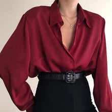 Load image into Gallery viewer, Women Button Blouses Turn Down Collar Shirts Office Lady Long Sleeve Casual Blouse Loose OL Shirt Baggy Tops Red/Wine Red /Black
