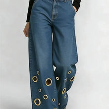 Load image into Gallery viewer, Women's High Waist Wide Leg Jeans with Gold Eyelets Vintage Baggy Denim Pants, Y2K Streetwear Hollow Out Trousers Ladies Jeans
