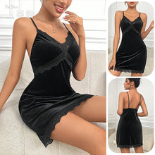 Load image into Gallery viewer, Women's Velvet Nightdress Sexy Deep V Nightgown Female Lace Patchwork Suspender Skirt Backless Adjustable shoulder strap Dress
