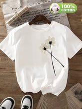 Load image into Gallery viewer, Women's T-shirt with White Floral Print Design Comfortable and Soft Short Sleeved Round Neck Casual Top Breathable
