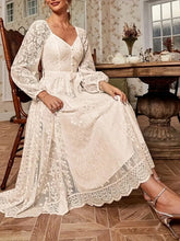 Load image into Gallery viewer, Elegant Party Dress For Woman Evening Prom Dresses Lace Long Gown V Neck Maxi Dress White Pink Floral Lace A Line Balloon Sleeve
