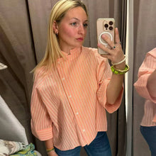 Load image into Gallery viewer, Women's Pink Striped Shirts Summer Asymmetric Button Mid Sleeve Loose Fit Shirts Casual Office Look Vintage Elegant Female Tops
