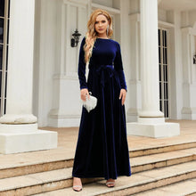 Load image into Gallery viewer, Women's Elegant A-Line Velvet Dress for Wedding Guest Prom Party Wedding Party, Long Sleeve Round Neck Belted Full Skirt
