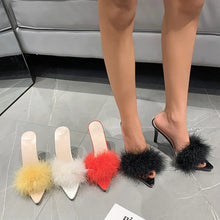 Load image into Gallery viewer, Summer New High Heels Sexy Slippers with Fine Heel Design and Hairy Decoration Cool Slippers with Daily Pointed Points Luxury
