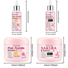Load image into Gallery viewer, 4-Piece Day &amp; Night Skincare Set: Pink Peptide Vitamin C Day Cream + Sakura Retinol Night Cream &amp; Essence for Hydration, Firmnes
