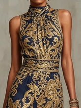 Load image into Gallery viewer, Elegant Party Evening 2026 Summer Long Dresses New Vintage Classic Pattern Flower Printed Lapel A-Line Dresses For Women

