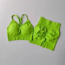 Load image into Gallery viewer, Women's Yoga Set Strappy Sports Bra &amp; High Waisted Shorts | Quick Dry Padded Butt Lifting Workout Outfit for Running Traini

