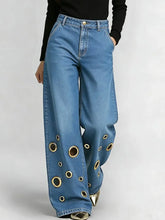 Load image into Gallery viewer, Women's High Waist Wide Leg Jeans with Gold Eyelets Vintage Baggy Denim Pants, Y2K Streetwear Hollow Out Trousers Ladies Jeans
