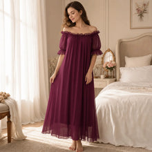 Load image into Gallery viewer, Home Dress Off Shoulder Sheer Nightgown V-neck Ruffle Mesh Nightdress Transparent Short Sleeve Long Sleeping Dress Sleep
