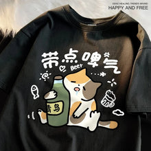 Load image into Gallery viewer, A Drunken Cat Drinking Beer Women T-Shirts Cartoons Printing Tees Comfortable Soft O-Neck Tops Women Clothes
