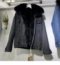 Load image into Gallery viewer, Winter Warm Coats Big Fur Collar Denim Jacket Women Basic Coat Female Cold Motorcycle Outerwear Fleece Thick Padded Overcoat
