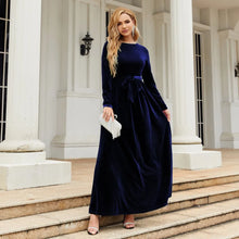 Load image into Gallery viewer, Women's Elegant A-Line Velvet Dress for Wedding Guest Prom Party Wedding Party, Long Sleeve Round Neck Belted Full Skirt

