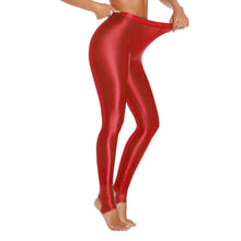 Load image into Gallery viewer, Womens Shiny Glossy High Waisted Stirrup Leggings Tights Gymnastics Workout Yoga Pants Tummy Control Sports Trousers
