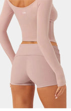 Load image into Gallery viewer, C-B Women's Yoga Set: Long-sleeved V-neck T-shirt &amp; High-waisted Cuffed Shorts &amp; Leggings, Suitable for Gym Workouts.
