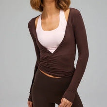 Load image into Gallery viewer, Women's Yoga Shirts Wrap Ruched Tie Front Long Sleeve Workout T Shirts Sexy Deep V Neck Slim Fit Casual Cropped Top
