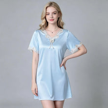 Load image into Gallery viewer, Elegant Women Satin Night Dress Lace V‑Neck Bow Knot Short Sleeve Sexy Sleepwear Ladies Home Loungewear Nightgown Sexy Lingiere
