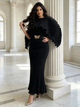 Load image into Gallery viewer, Elegant Pleated Long Dress with Butterfly Belt Women Cape Sleeve Wave Edge Ruffle Evening Party Dress
