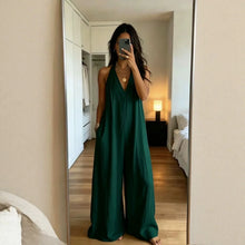 Load image into Gallery viewer, Women's White Halter Jumpsuit Deep V Neck Sleeveless Wide Leg Cuffed Hem Pocketed Boho Resort Casual Summer Y2K Chic Jumpsuit
