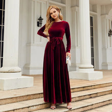 Load image into Gallery viewer, Women's Elegant A-Line Velvet Dress for Wedding Guest Prom Party Wedding Party, Long Sleeve Round Neck Belted Full Skirt
