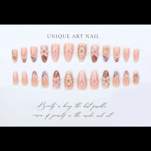 Load image into Gallery viewer, Medium fake nails for women Gradient nude brown blue flowers or rhinestones fall winter almond tips press on false nail art set
