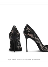 Load image into Gallery viewer, Black Lace High Heels for Women, 2026 New Slim Heel Pointed Sexy Versatile French Spring and Summer Breathable Single Shoes
