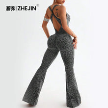 Load image into Gallery viewer, ZHEJIN Leopard Jumpsuit Women Flare Leg Yoga Romper Backless Criss Cross Workout Bodysuit Scrunch Butt Lift Gym Fitness Wear
