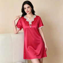 Load image into Gallery viewer, Elegant Women Satin Night Dress Lace V‑Neck Bow Knot Short Sleeve Sexy Sleepwear Ladies Home Loungewear Nightgown Sexy Lingiere
