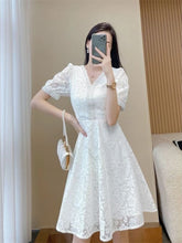 Load image into Gallery viewer, Elegant White Lace Puff Dress
