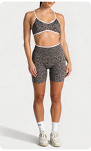 Load image into Gallery viewer, Women Leopard Print 2 Piece Yoga Set High Waist Butt Lift Biker Shorts Adjustable Strap Sports Bra Gym Workout Activewear
