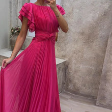 Load image into Gallery viewer, Wedding Guest Dress Elegant Party Long A Line Cap Sleeve Dresses Evening Pleated Off Shoulder Maxi Dress Fuchsia Pink Solid
