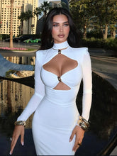 Load image into Gallery viewer, Elegant Party Dresses For Women Fashion Sexy Solid Full Sleeves Hollow Out Turtleneck Sheath Hip Wrap Long Vestidos Robes Female
