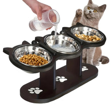 Load image into Gallery viewer, Elevated Cat Food Bowl with Black Wooden Support Frame Stainless Steel Cats Bowls 15° Stand Sloped Feeding &amp; Watering Supplies
