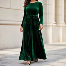 Load image into Gallery viewer, Women's Elegant A-Line Velvet Dress for Wedding Guest Prom Party Wedding Party, Long Sleeve Round Neck Belted Full Skirt

