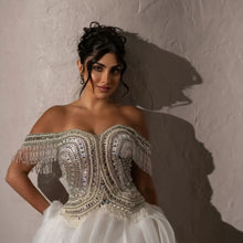 Load image into Gallery viewer, White Wedding Dresses Off Shoulder Beaded Tassel Corset Bridal Luxury Evening Dresses with Ruffles Formal Elegant Party Dresses
