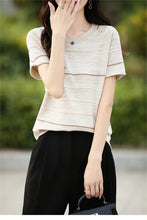 Load image into Gallery viewer, Women's T-shirts Summer New 100% Cotton Short Sleeve Casual Striped Knit Blouse Round Neck Tops Loose Pullover Tees
