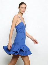 Load image into Gallery viewer, Women Fashion With Ruffled Cutwork Embroidery Mini Dress Vintage Backless Elastic Thin Straps Female Dresses Vestidos
