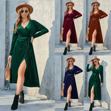 Load image into Gallery viewer, Women's Elegant A-Line Velvet Dress for Wedding Guest Prom Party Wedding Party, Long Sleeve Round Neck Belted Full Skirt
