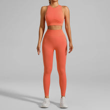 Load image into Gallery viewer, Seamless Ribbed High Waisted Yoga Set for Women, Tummy Control Criss Cross Back Workout Outfit, Quick Dry Fitness Set for Gym
