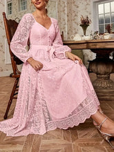 Load image into Gallery viewer, Elegant Party Dress For Woman Evening Prom Dresses Lace Long Gown V Neck Maxi Dress White Pink Floral Lace A Line Balloon Sleeve
