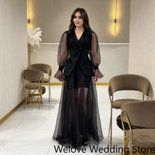 Load image into Gallery viewer, Black Evening Dress For Women V‑Neck Tulle Puff Long Sleeve Shoulder Beaded Embellishment Short Inner Dress Flowy Long Sheer
