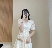 Load image into Gallery viewer, Elegant White Lace Puff Dress
