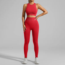 Load image into Gallery viewer, Seamless Ribbed High Waisted Yoga Set for Women, Tummy Control Criss Cross Back Workout Outfit, Quick Dry Fitness Set for Gym
