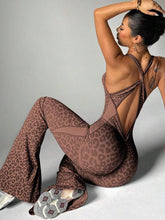 Load image into Gallery viewer, ZHEJIN Leopard Jumpsuit Women Flare Leg Yoga Romper Backless Criss Cross Workout Bodysuit Scrunch Butt Lift Gym Fitness Wear
