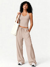 Load image into Gallery viewer, Women 2 Piece Yoga Outfit Ribbed Halter Crop Tank Top Drawstring Wide Leg Pants Set Casual Workout Gym Loungewear Tracksuit
