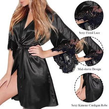 Load image into Gallery viewer, Women Night Gown Robe with G String Floral Lace Bathrobe Halt Sleeve Nightdress Female French Sexy Silky Satin Sleepwear
