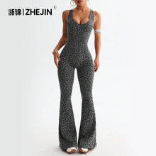 Load image into Gallery viewer, ZHEJIN Leopard Jumpsuit Women Flare Leg Yoga Romper Backless Criss Cross Workout Bodysuit Scrunch Butt Lift Gym Fitness Wear

