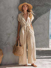 Load image into Gallery viewer, Utility Workwear Style Jumpsuit for Women Zipper Front Short Sleeve Drawstring Waist Wide Leg Casual Outfit
